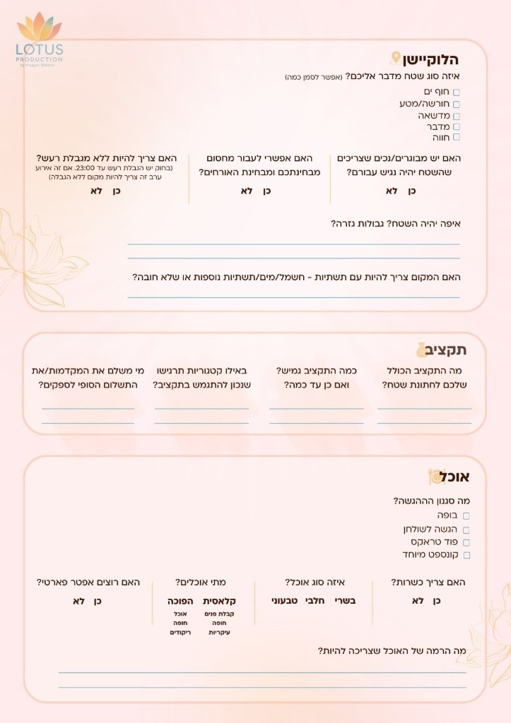 דוגמה מתוך הפלאנר — לוקיישן, תקציב ואוכל
